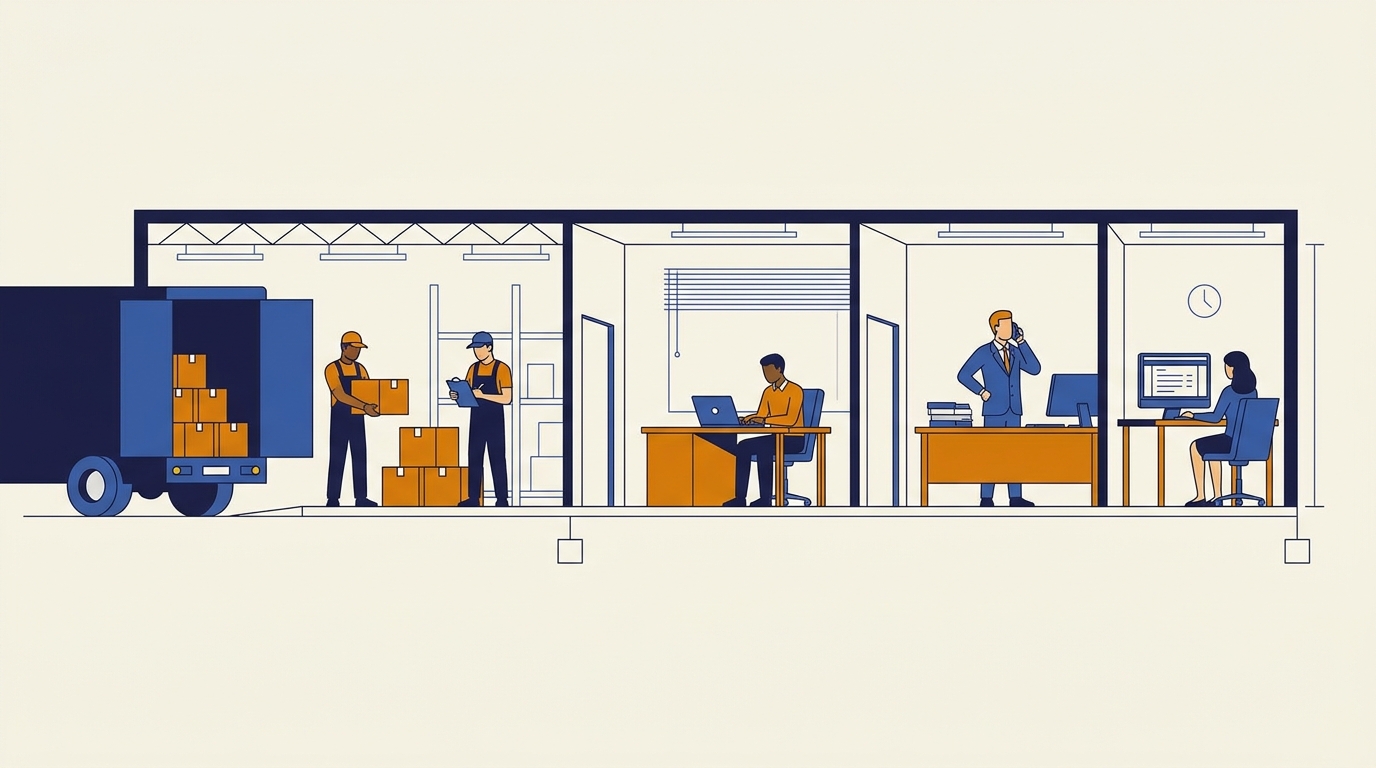 Cross-section illustration of a warehouse and office showing manual, disconnected workflows before automation
