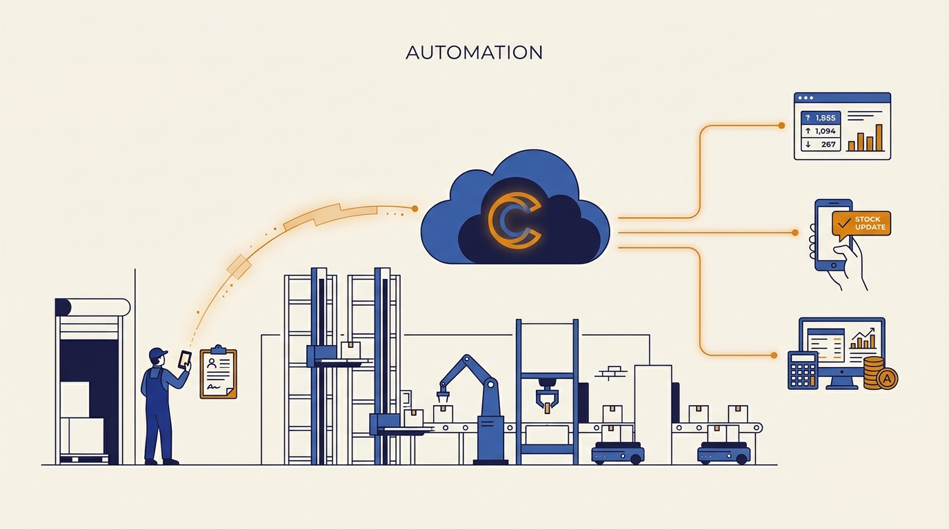 Illustration of an automated warehouse and logistics system connected through a central cloud automation platform